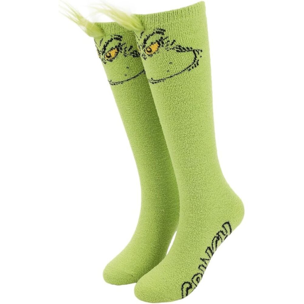 Women's Green Chenille Knee High Socks Festive Grinch 3D Hair Holiday